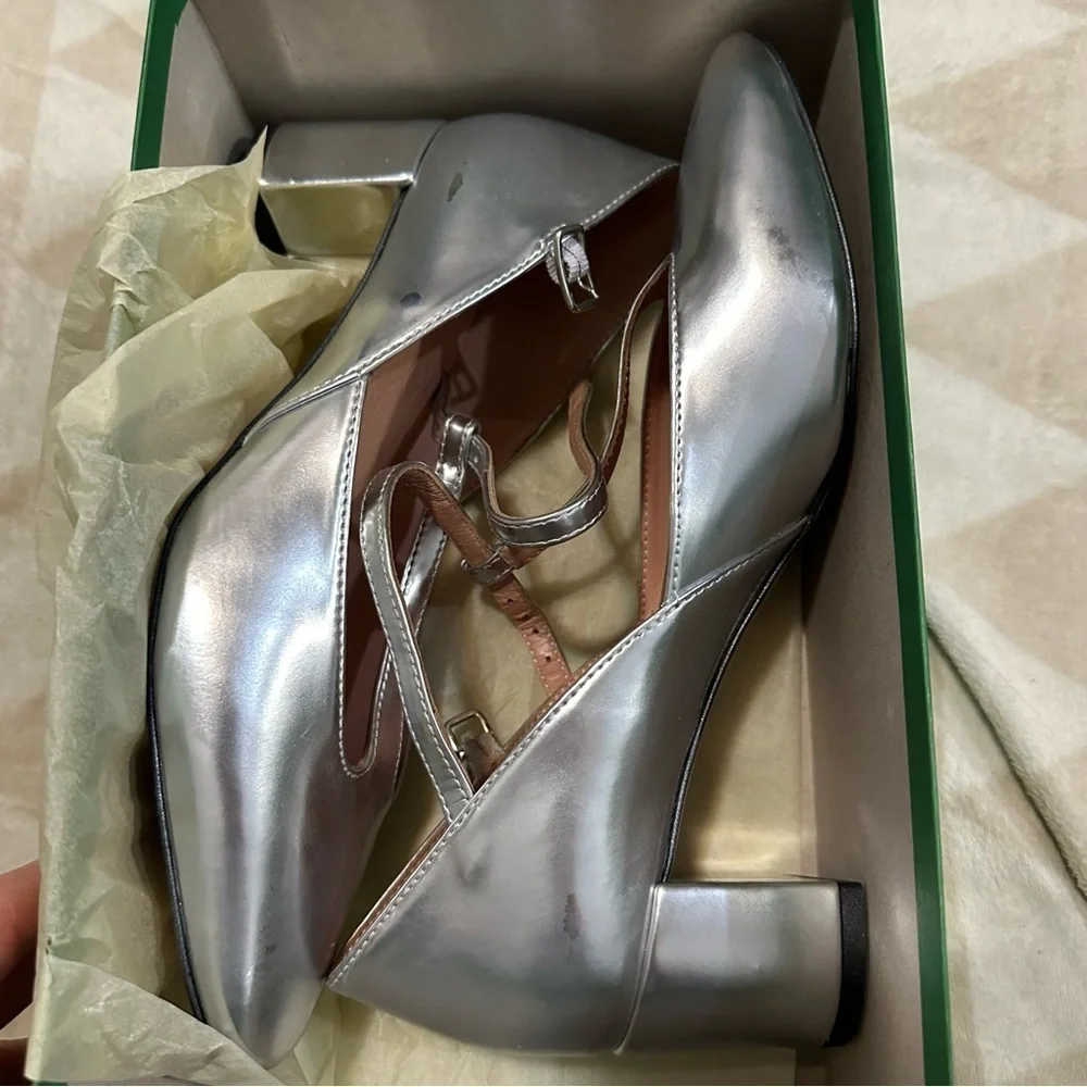 J crew silver mirror Millie T-strap heels in metallic leather